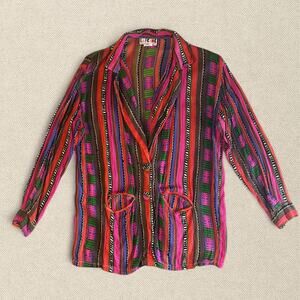 Vtg 80s Colorful Blazer Striped Patterned Button Up Lightweight Rayon La Femme